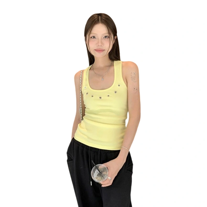 Women's Summer Slim Tank Tops Solid U-Neck Metal Button Vest 