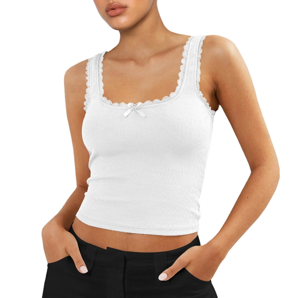 Women's Slim Scoop Neck Backless Lace Trim Ribbed Crop Cami Tank Tops 