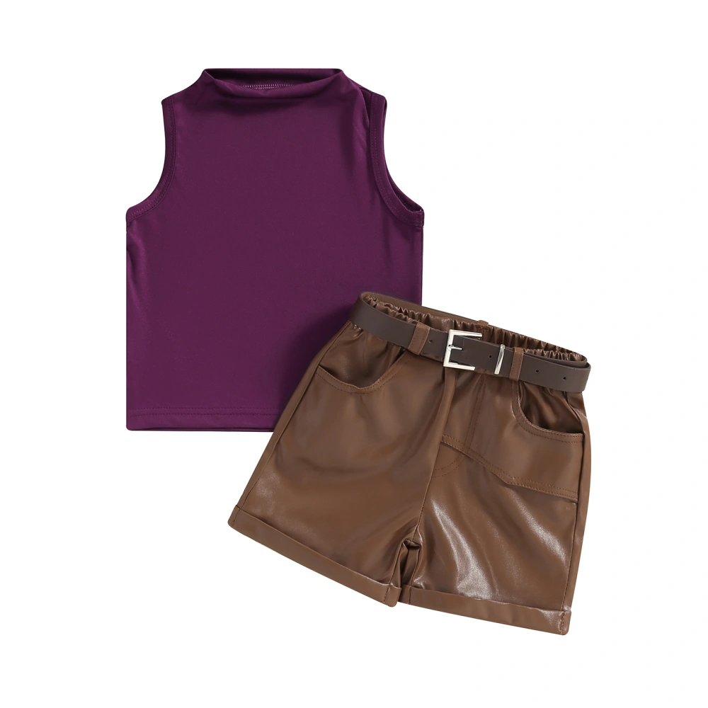 Girls Shorts Sets Crewneck Vest Solid Color PU Leather Belted Shorts