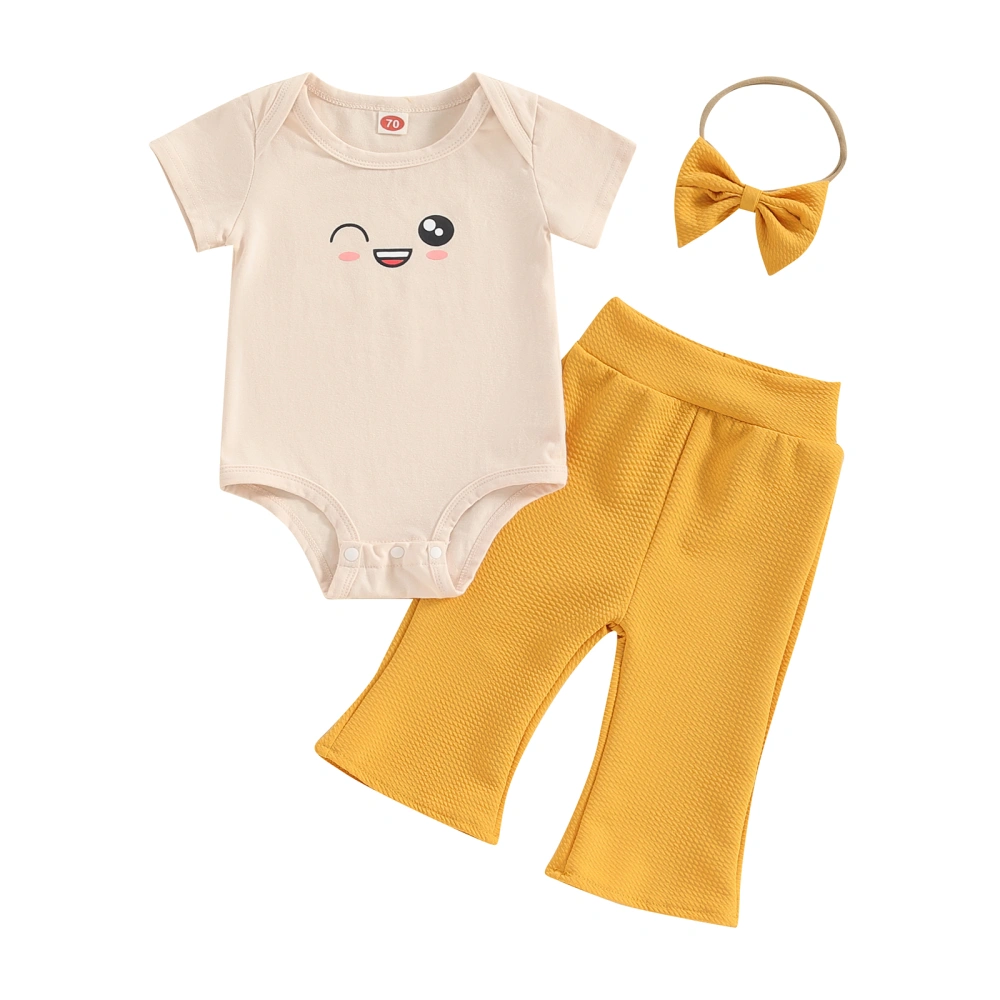 Baby Girl Summer Set, Short Sleeve Romper + Flare Pants + Headband 