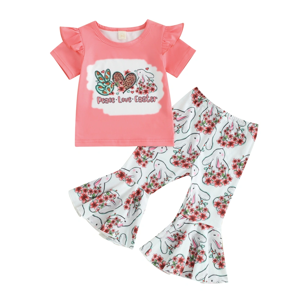 Girls Pants Sets Short Sleeve T-shirt Bunny Print Flared Pants Sets