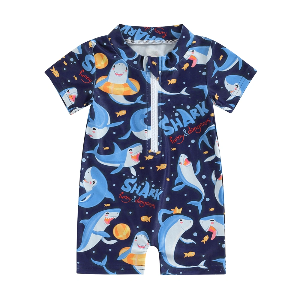 Boy Swimsuit Short Sleeve Crewneck Shark Print Zipper Swimwear