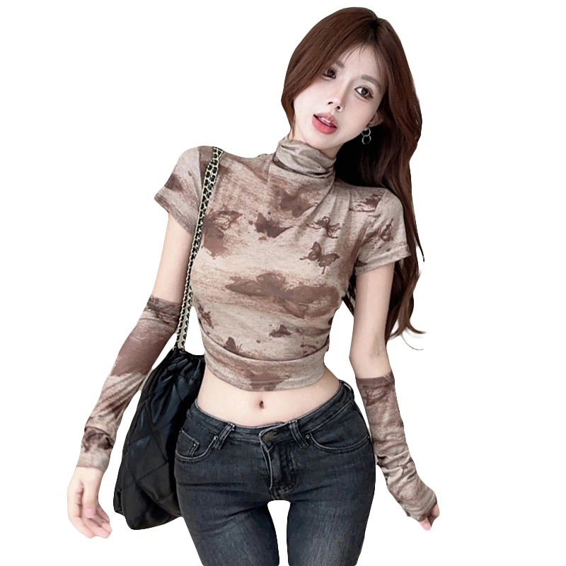 Women Mock Neck Tops Short Sleeve Butterfly T-Shirts with Arm Sleeves