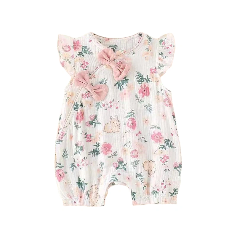 Baby Girl Jumpsuit Fly Sleeve Floral Print Bow Front Romper Outfit