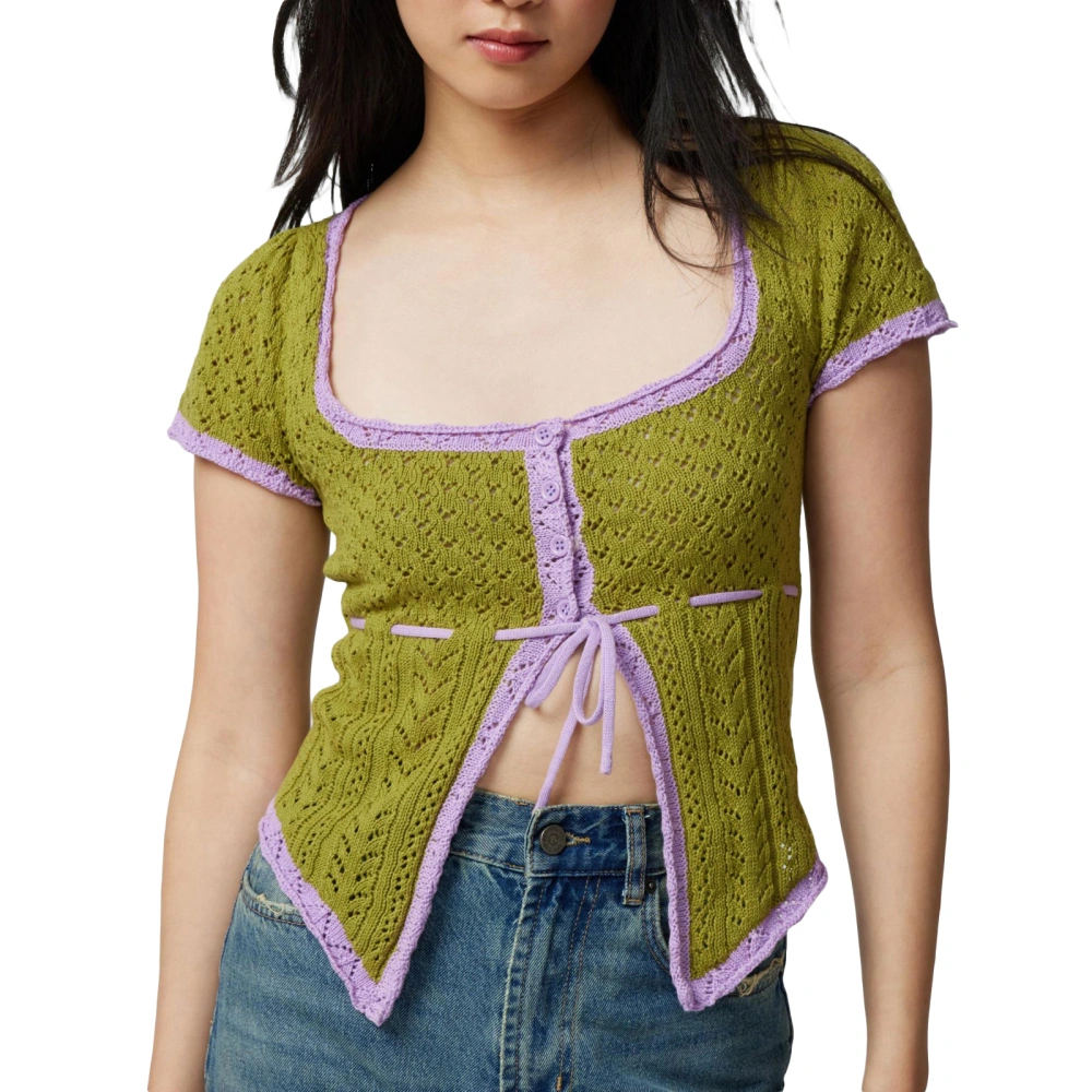 Women Knit Tops Contrast Color Square Neck Tie-up Short Sleeve T-shirt