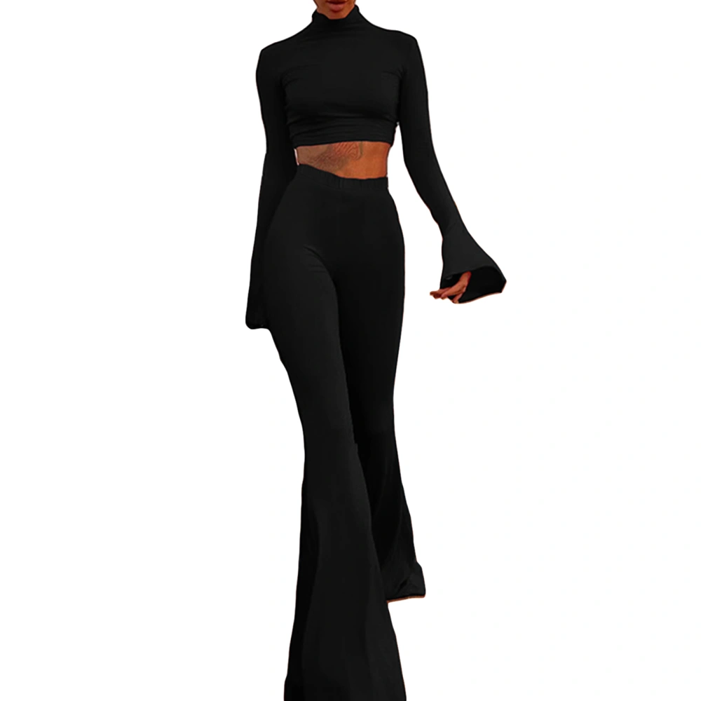 Women Pants Set, Long Sleeve Turtleneck Crop Top with Flare Pants