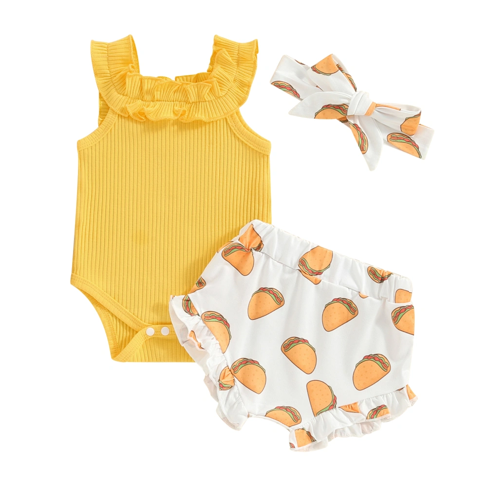 Baby Girls Summer Outfit Romper + Taco/Avocado Print Shorts + Headband