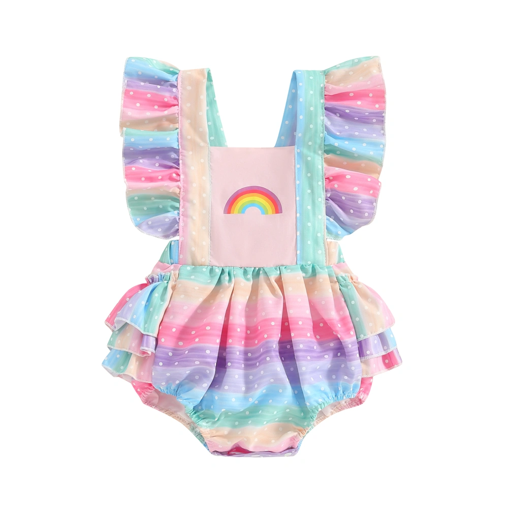 Baby Girls Romper Fly Sleeve Square Neck Rainbow Print Infant Bodysuit