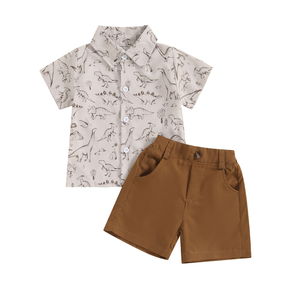 Little Boy Set, Button Down Dinosaur Tops + Elastic Waist Shorts 