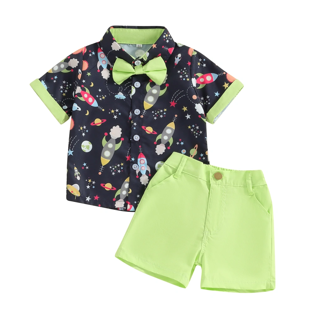 Boy Shorts Sets Short Sleeve Spacecraft Print Shirt Green Shorts Set