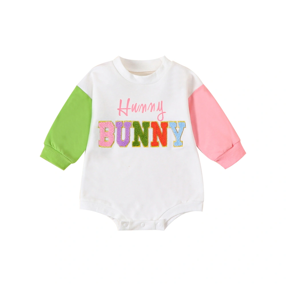 Baby Easter Romper Long Sleeve Crewneck Letter Embroidery Romper