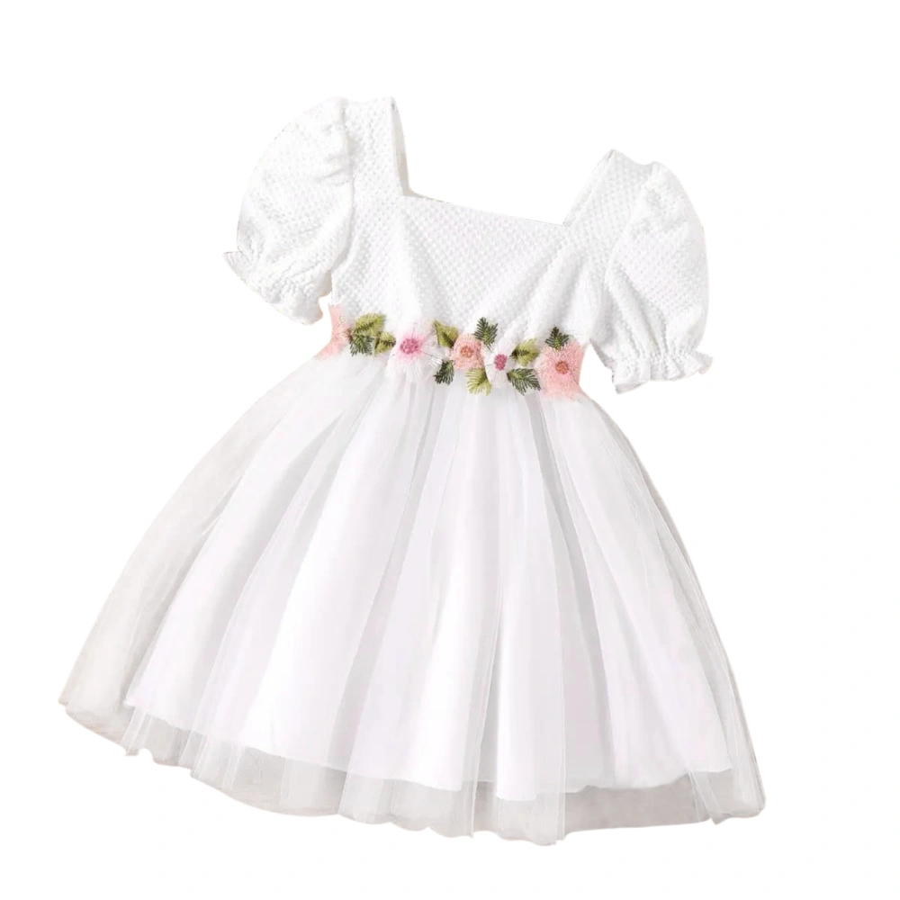 Girl’s Princess Dress Puff Sleeve Tulle Embroidery Flower A-line Dress