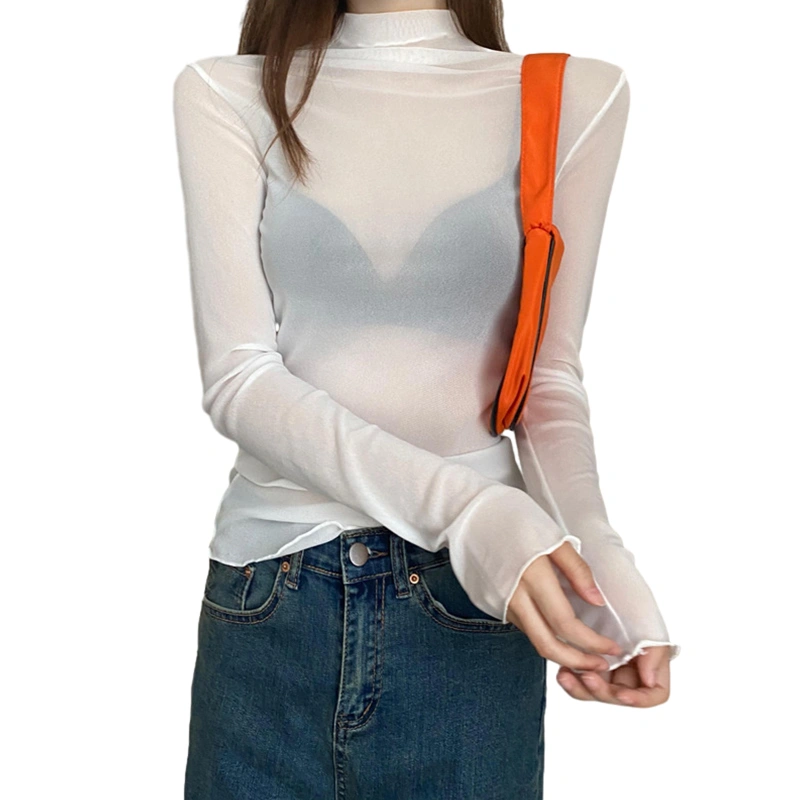 Women Long Sleeve T-Shirts Solid Color Turtleneck Sheer Mesh Tops