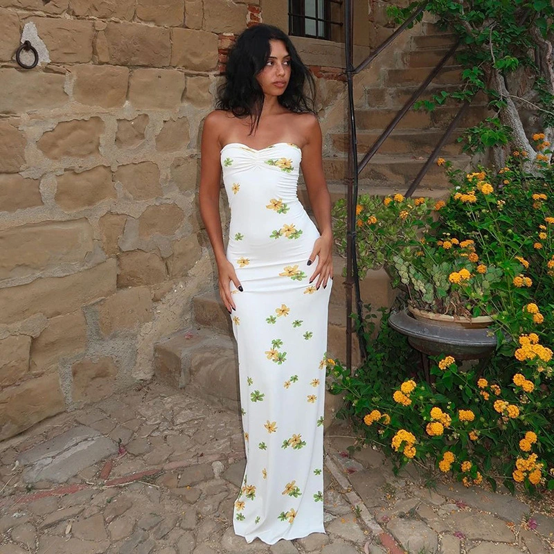 Women's Long Bodycon Dress Strapless Floral Print Split Tube Dress