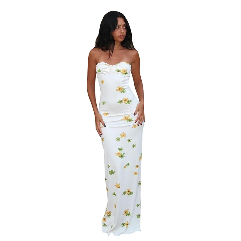 Women's Long Bodycon Dress Strapless Floral Print Split Tube Dress