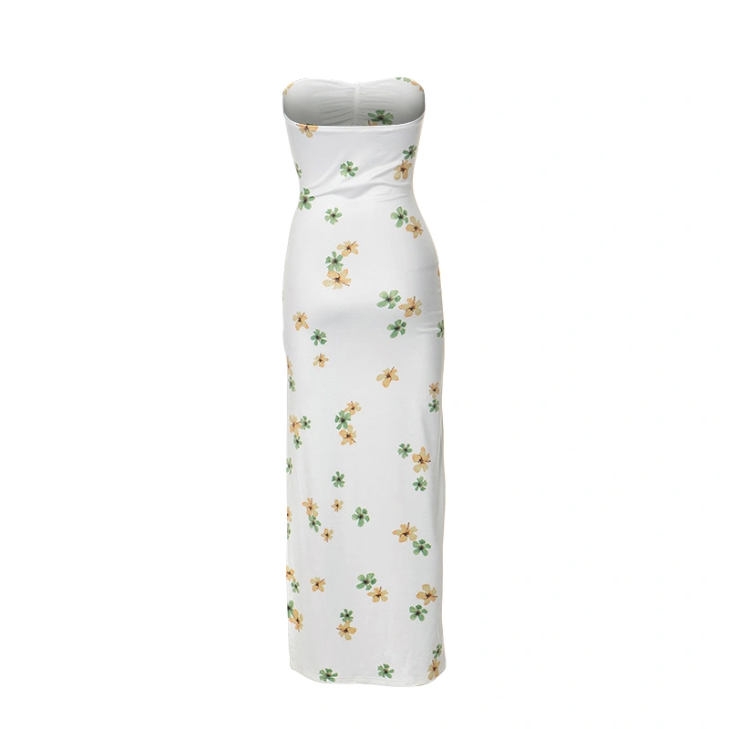 Women's Long Bodycon Dress Strapless Floral Print Split Tube Dress