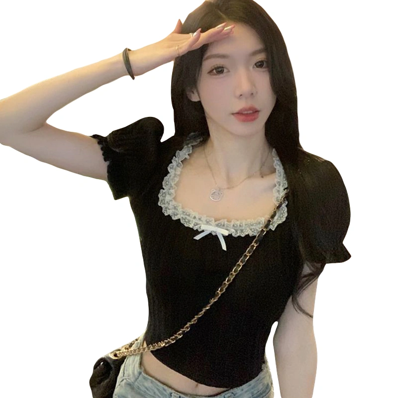 Women's Summer Tops Short Sleeve Lace Trim Collar Crop T-shirts