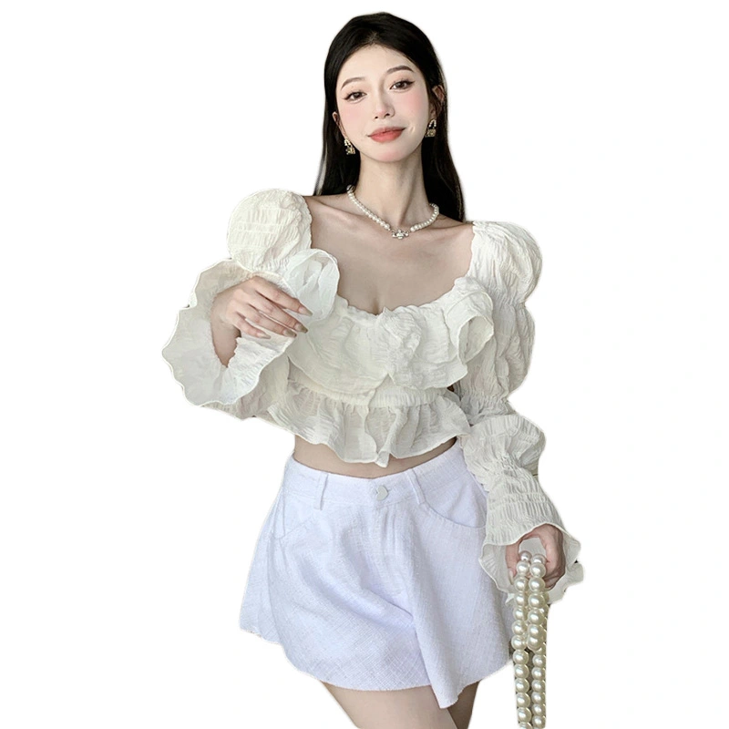 Women T-shirt Long Sleeve Scoop Neck Ruffled Solid Slim Fall Tops