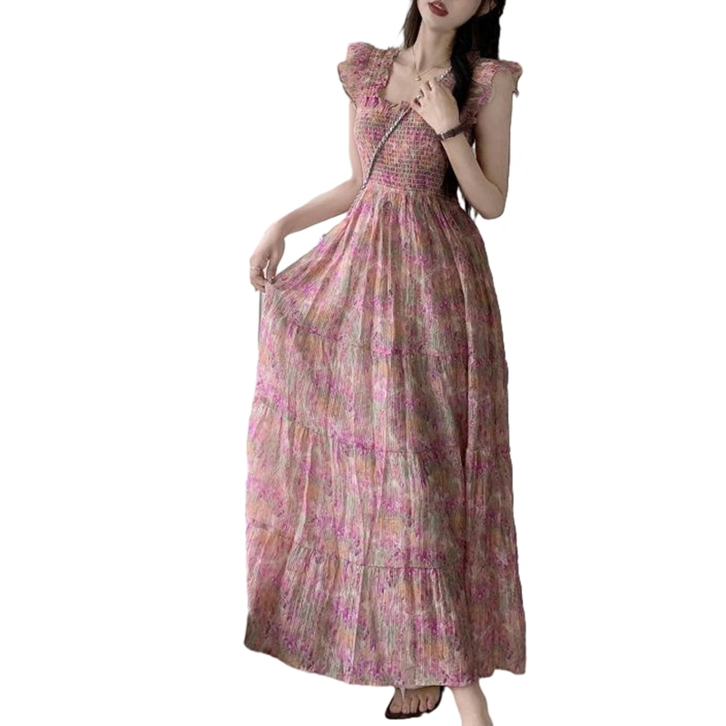 Women's Long Dress Floral Print Fly Sleeve Square Neck Flowy Dress