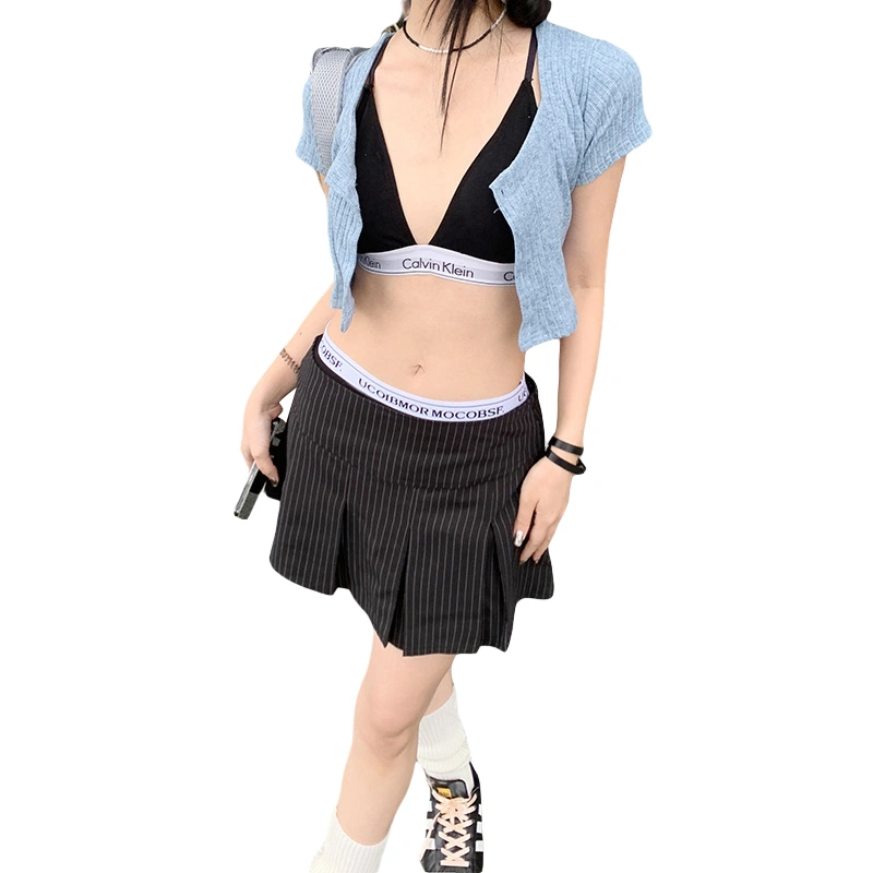 Women Pleated Skirt, Low Waist Patchwork Striped Skirt Mini Skirt
