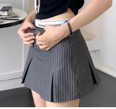 Women Pleated Skirt, Low Waist Patchwork Striped Skirt Mini Skirt