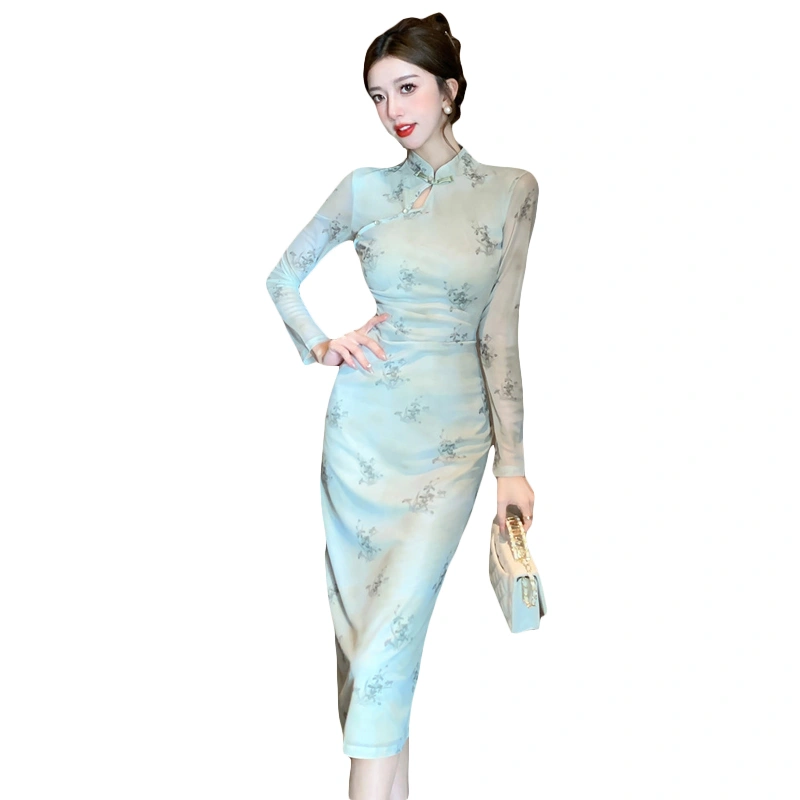 Women Mesh Cheongsam Dress Vintage Long Sleeve Split Party Dress