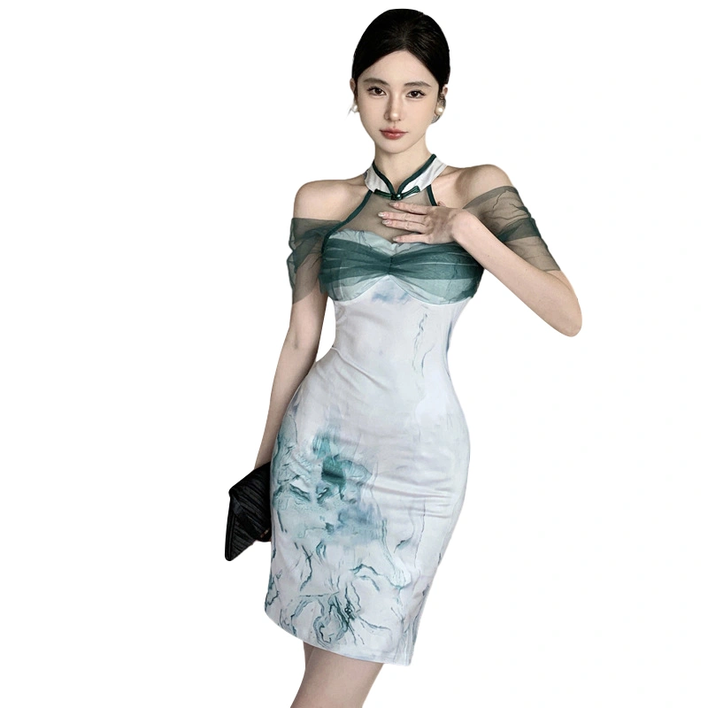 Women Cheongsam Dress, Sleeveless Tie-dye Print Tulle Bodycon Dress