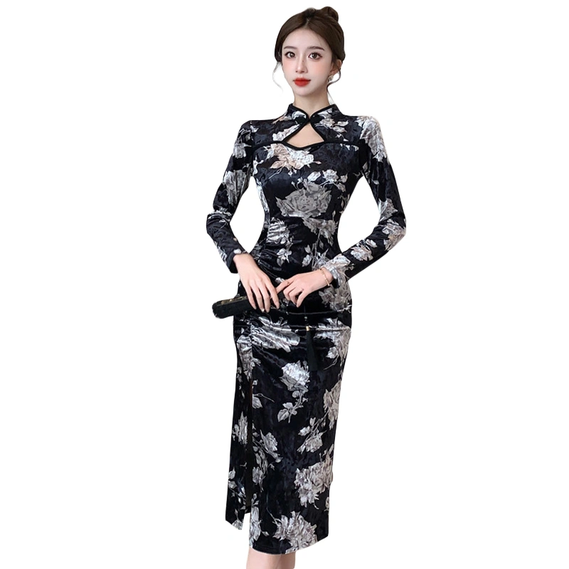 Women's Modern Cheongsam Floral Print Long Sleeve Velvet Dress