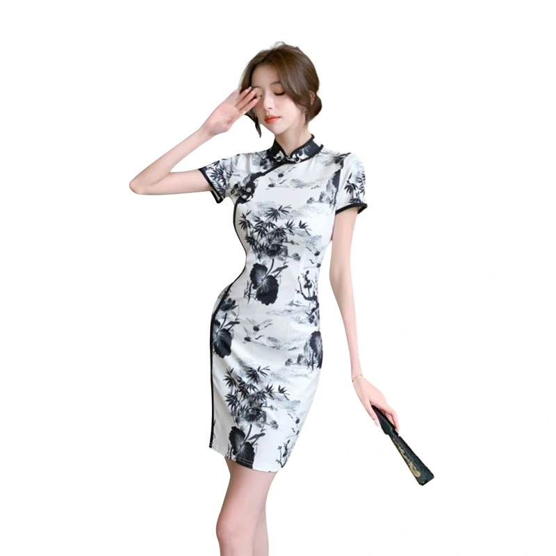 Women Short Sleeve Cheongsam Dress Elegant Floral Summer Party Dress 