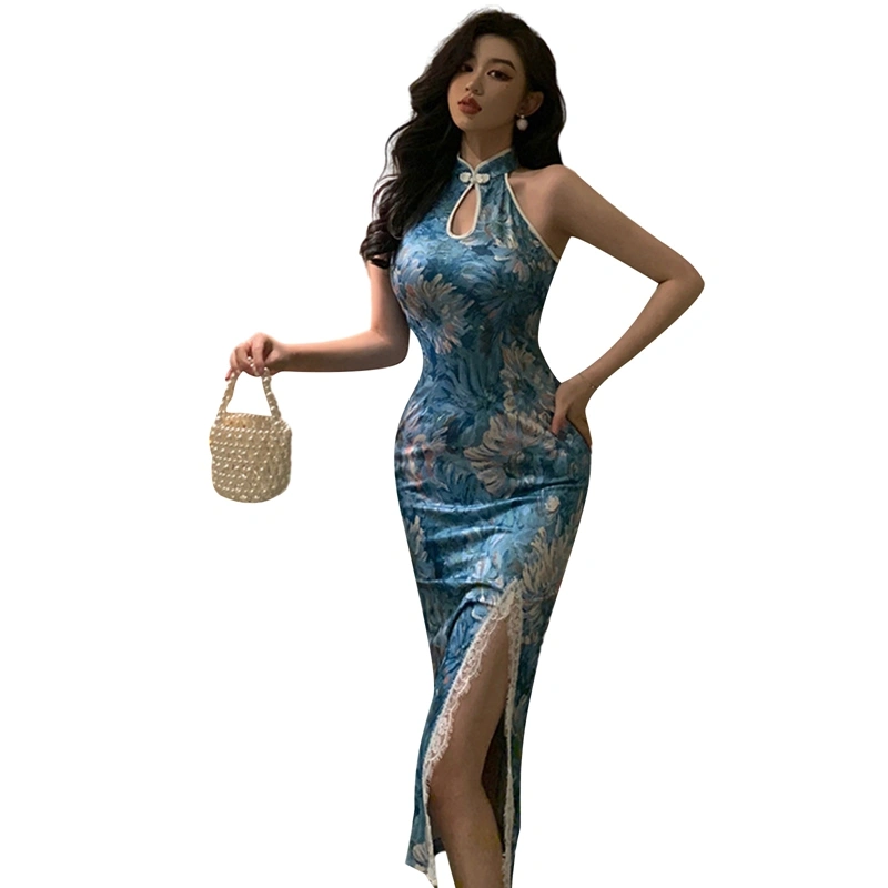 Women's Cheongsam Midi Dress Flower Print Keyhole Sleeveless Dress