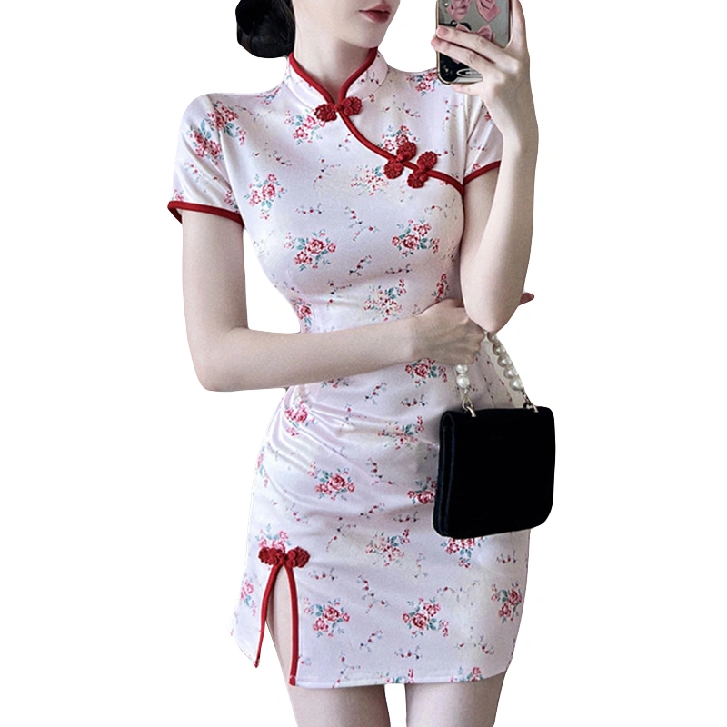 Women's Cheongsam Short Dress Flower Print Short Sleeves Slit Qipao 