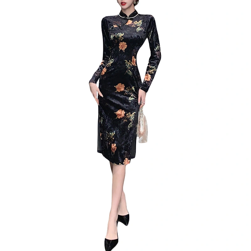 Women's Modern Cheongsam Floral Print Long Sleeve Velvet Dress