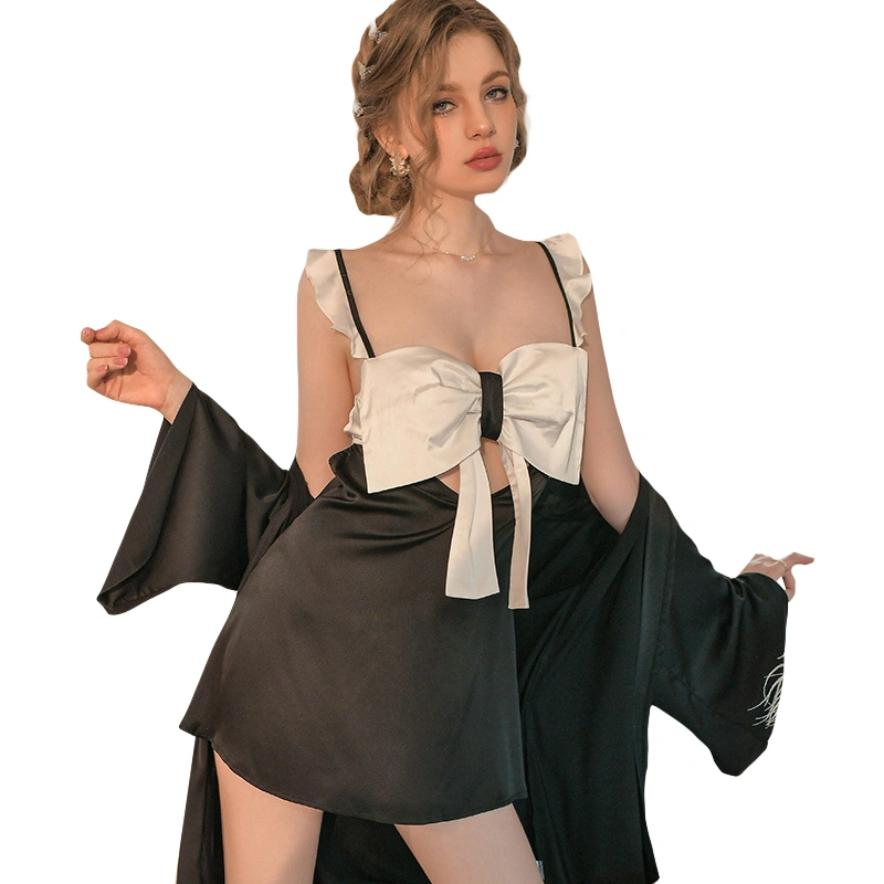 Women Lingerie Sets Sleeveless Bow Nightdress with Long Sleeve Robe