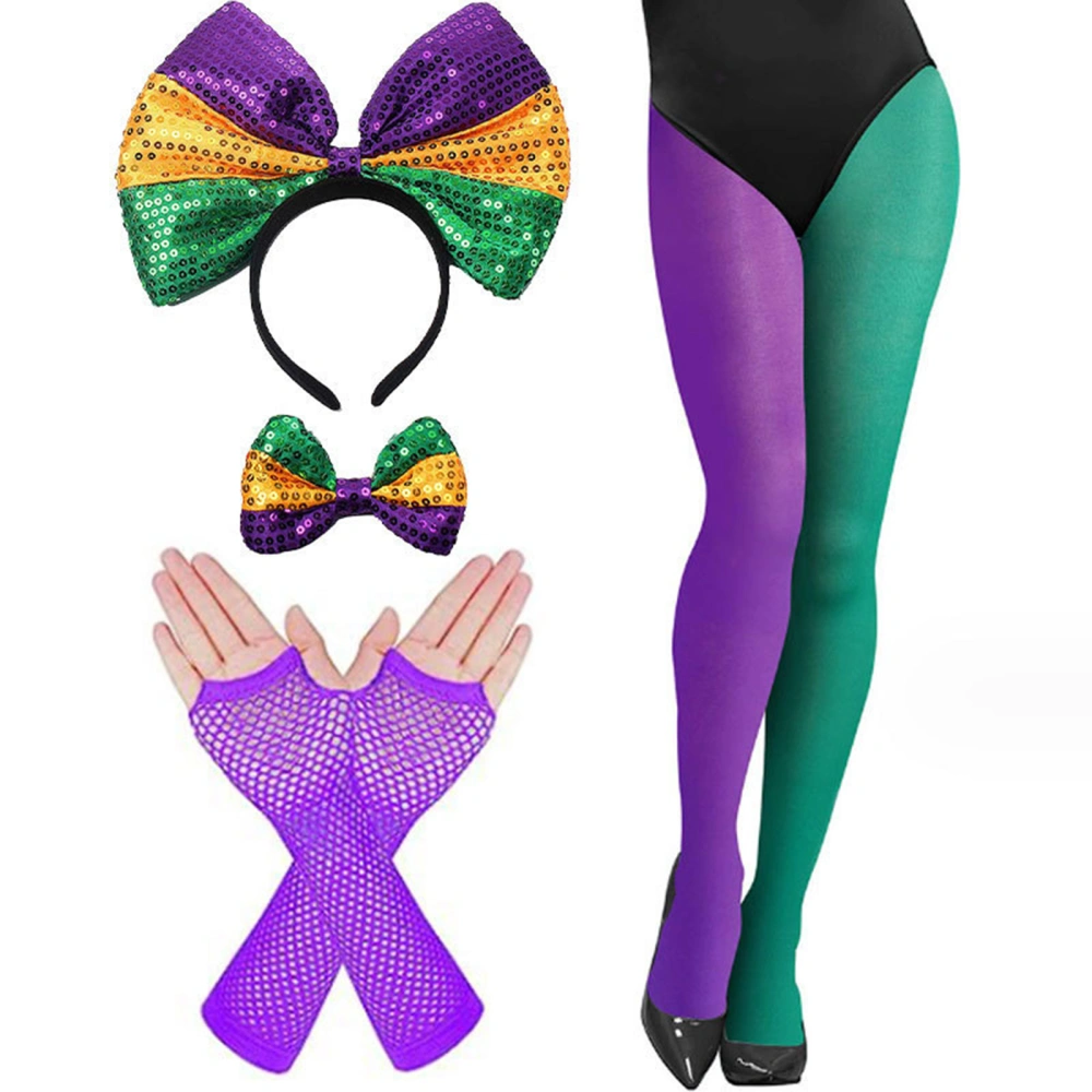 Mardi Gras Costume Accessory Set Sequin Headband Bowtie Gloves Tights