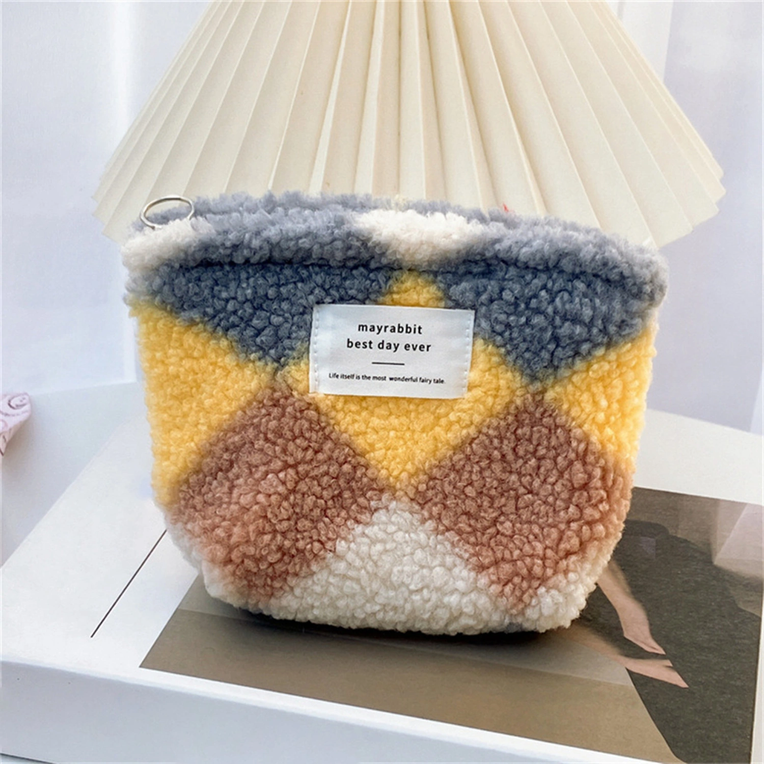 Women Plush Coin Purse Plaid Print Zipper Mini Wallet Makeup Pouch