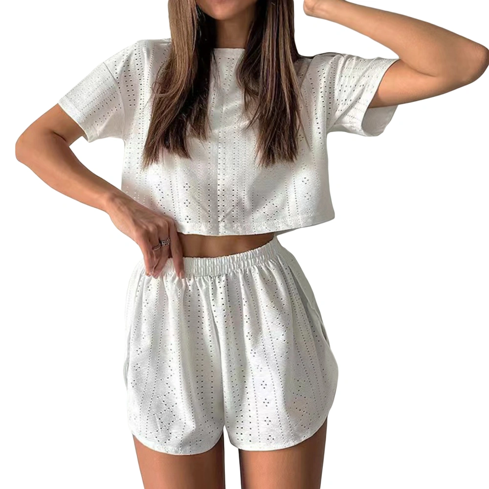 Women Summer Shorts Outfits Eyelet Round Neck Tops Slit Shorts