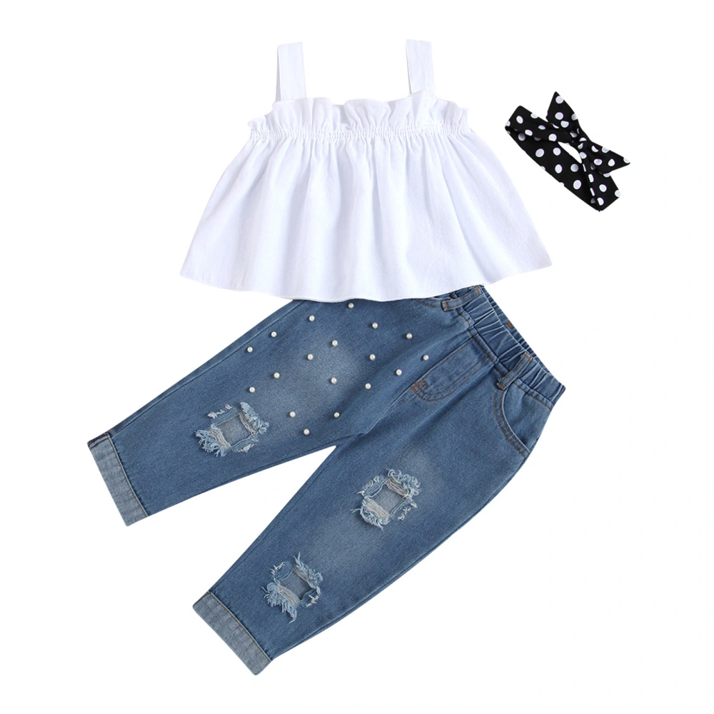 Girls Pants Sets White Cami Tops Blue Ripped Denim Pants Sets