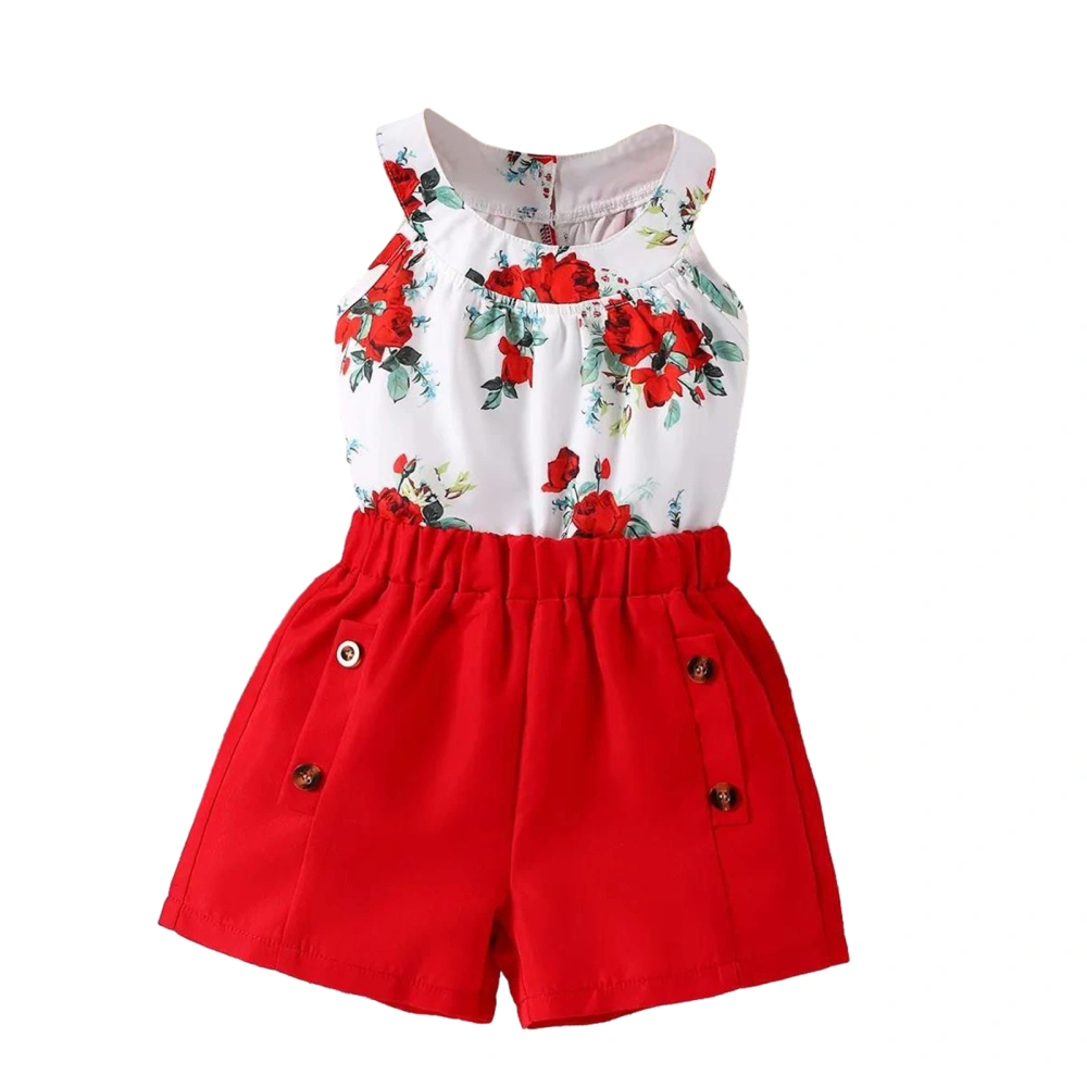 Girls Shorts Sets Sleeveless Floral Tank Tops Red Button Shorts Set