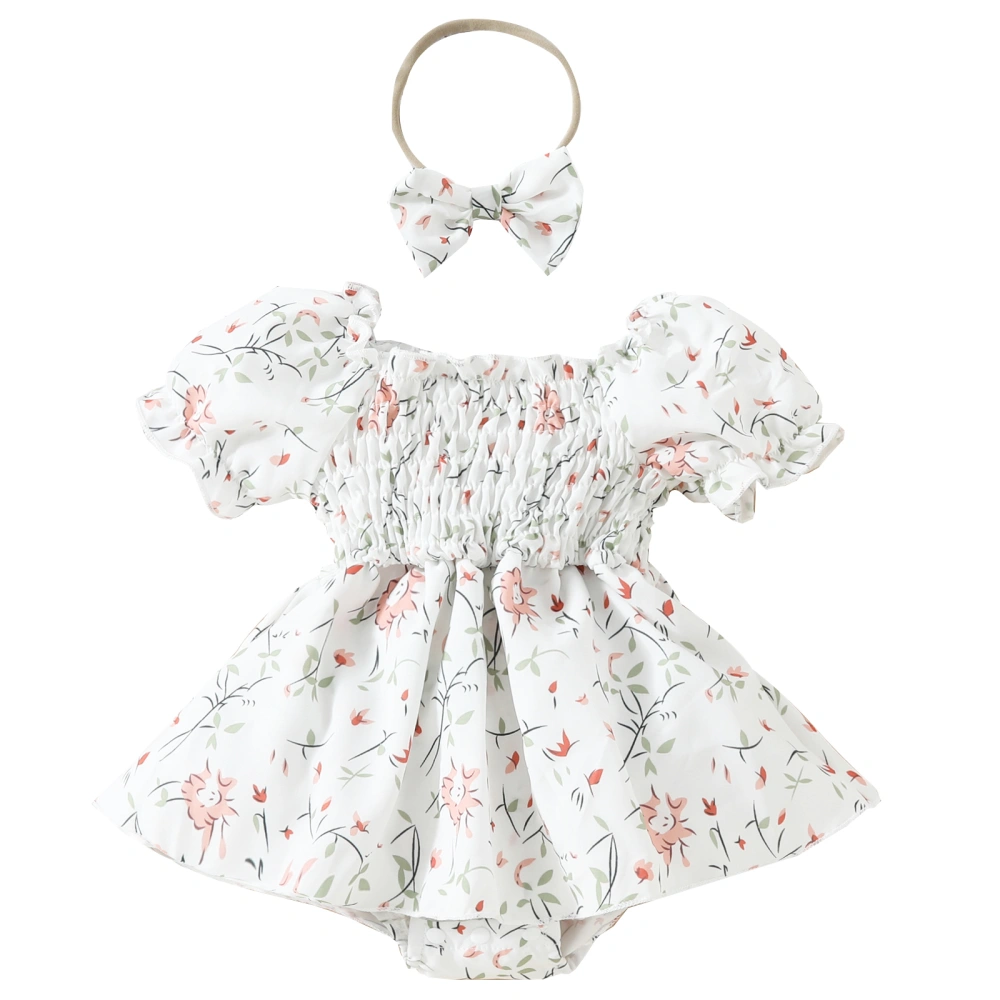 Baby Rompers Dress Floral Print Short Sleeve Bodysuits with Headband