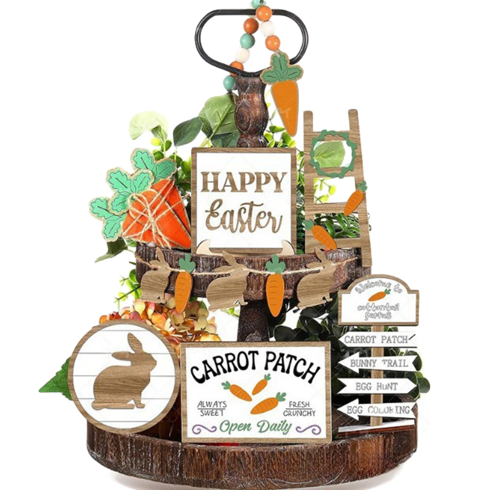 Easter Tiered Tray Decor Kit, Cute Rabbit Wooden Sign Desk Ornament