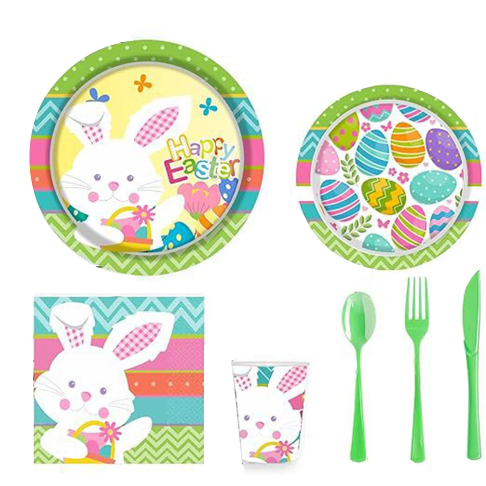 24Pcs Easter Disposable Tableware Cartoon Bunny Egg Print Dishes