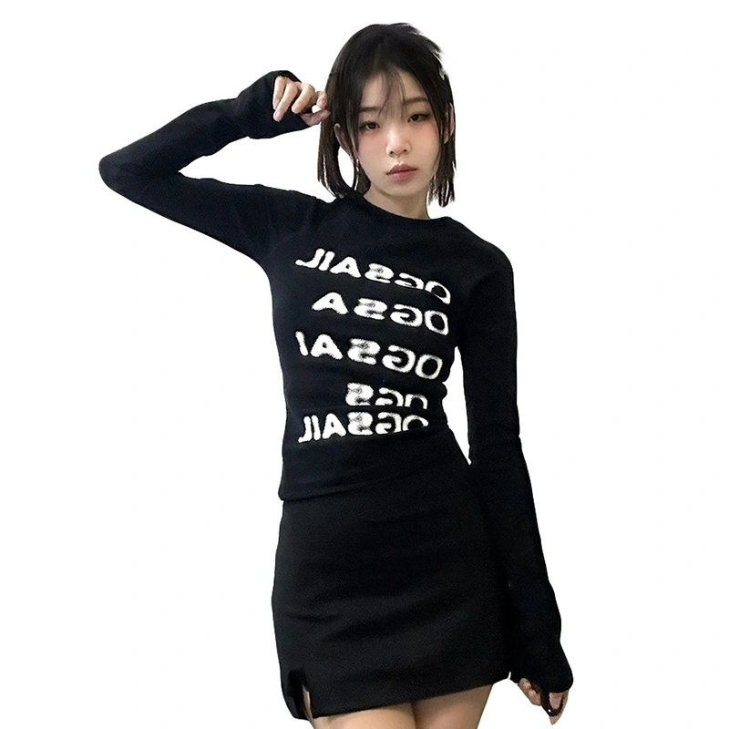 Women T-shirt Long Sleeve Crew Neck Letters Print Slim Fit Fall Tops