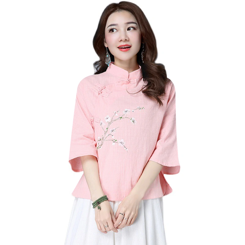 Women's Chinese Style Tops Floral Half Sleeve Stand Collar T-Shirt