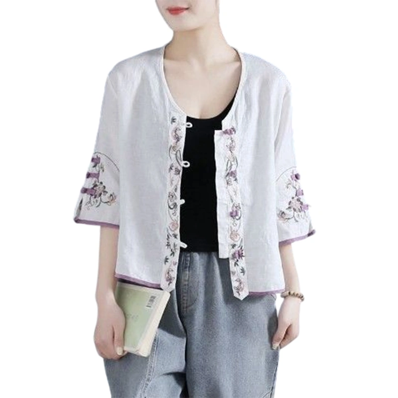 Women's Loose V Neck Flower Embroidery 3/4 Sleeve Button Down Cardigan