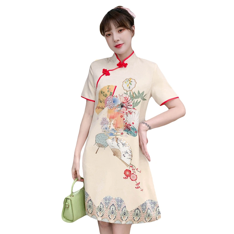 Women Cheongsam Dress Short Sleeve Fan Print Summer Mini A-line Dress