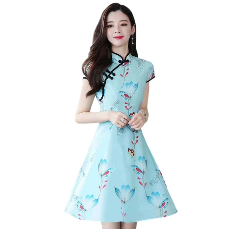 Women's Summer Cheongsam Dress Short Sleeve Floral Qipao Dress