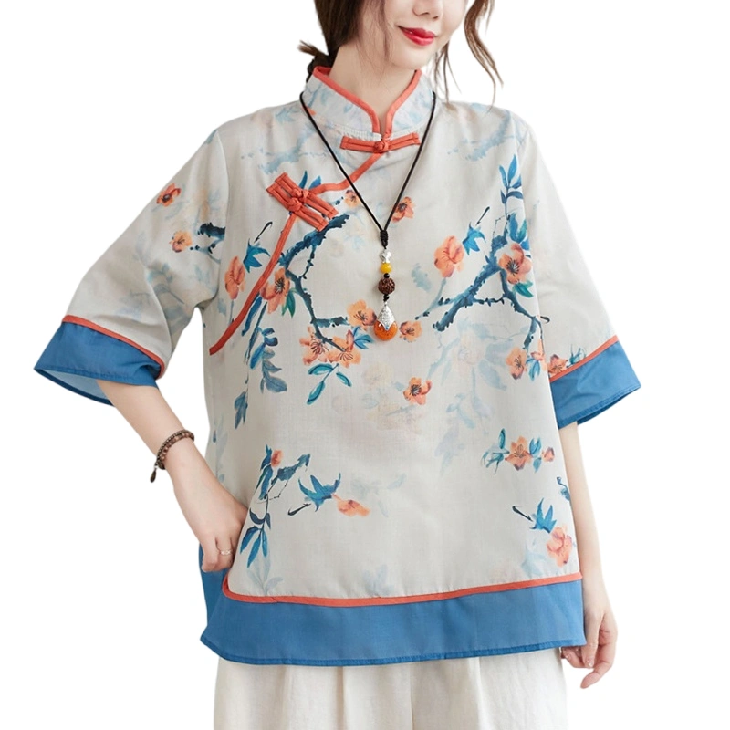 Women Plus Size Summer Shirts Elegant Retro Chinese Tunic Tops