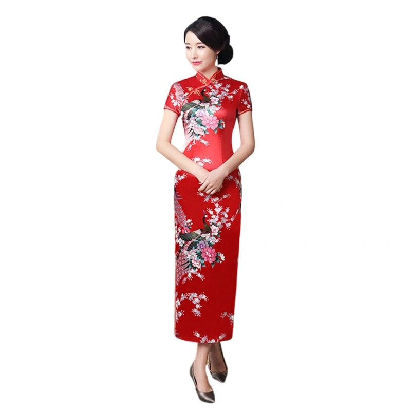 Women Short Sleeve Cheongsam Dress Vintage Floral Split Chinese Dress