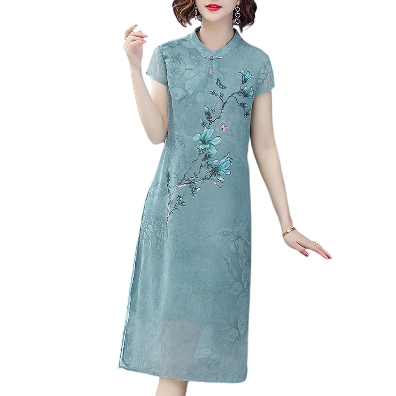 Women Cheongsam Dress Short Sleeve Dress Flower Print Loose Slit Dress