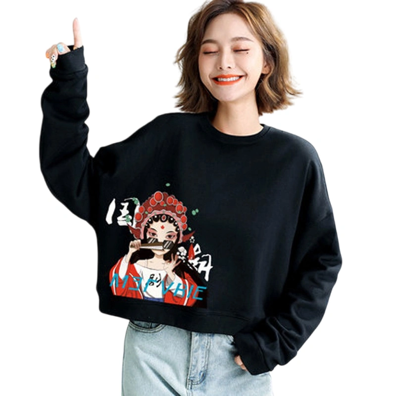 Women's Short Loose Sweatshirt Chinese Style Print Crew Neck Pullovers